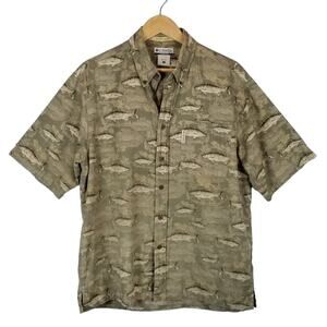 Columbia River Lodge Fish Camo Men's Short Sleeve Button Up Shirt Size L Large